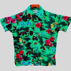 Vintage Kmart Hawaiian Style Shirt Size Med Green Collar Floral Tropical Disco
